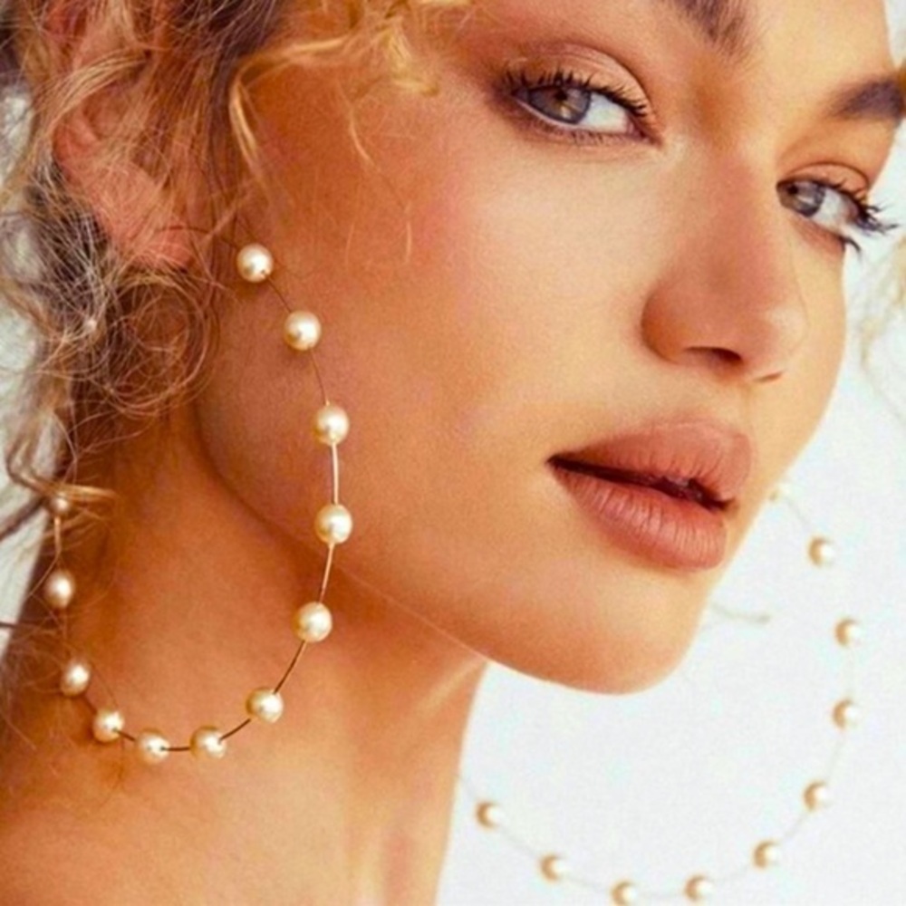 Revolve Gold Vegan Pearl Hoops Earring Xl 75mm  14k plated